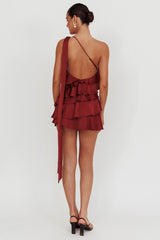 Arrabel Tiered Ruffle One Shoulder Mini Dress Wine