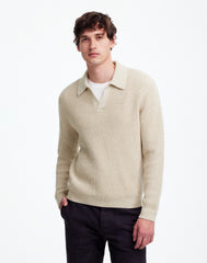 Johnny-Collar Sweater Polo Shirt in Waffle Knit