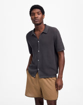 Open-Stitch Button-Up Sweater Polo