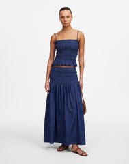 Smocked-Waist Denim Midi Skirt