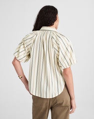 Shirred Bubble-Sleeve Button-Up Shirt in Poplin