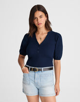 Puff-Sleeve Henley Knit Top