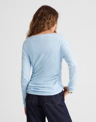 Ruched Crewneck Long-Sleeve Tee in Soft Slub