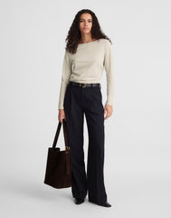 Ruched Crewneck Long-Sleeve Tee in Soft Slub