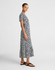 Button-Front Flutter-Sleeve Midi Dress in Floral