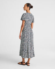 Button-Front Flutter-Sleeve Midi Dress in Floral