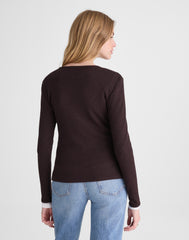 Waffle-Knit Cutaway Crewneck Cardigan