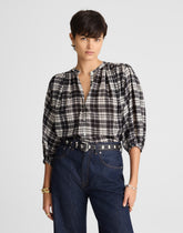 Shirred Crewneck Button-Up Top in Plaid