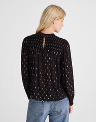 Smocked High-Neck Long-Sleeve Top in Clip Dot