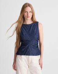 Denim Ruched Boatneck Shell Top