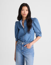 Denim Puff-Sleeve Band-Collar Shirt