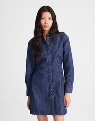 Denim Ruched Mini Shirtdress in Light Rinse Wash