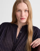 Shirred Crewneck Button-Up Top
