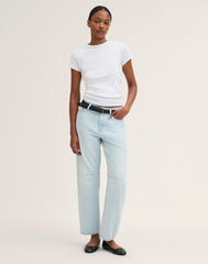The Short Curvy Darted Barrel-Leg Jean in Airy Denim