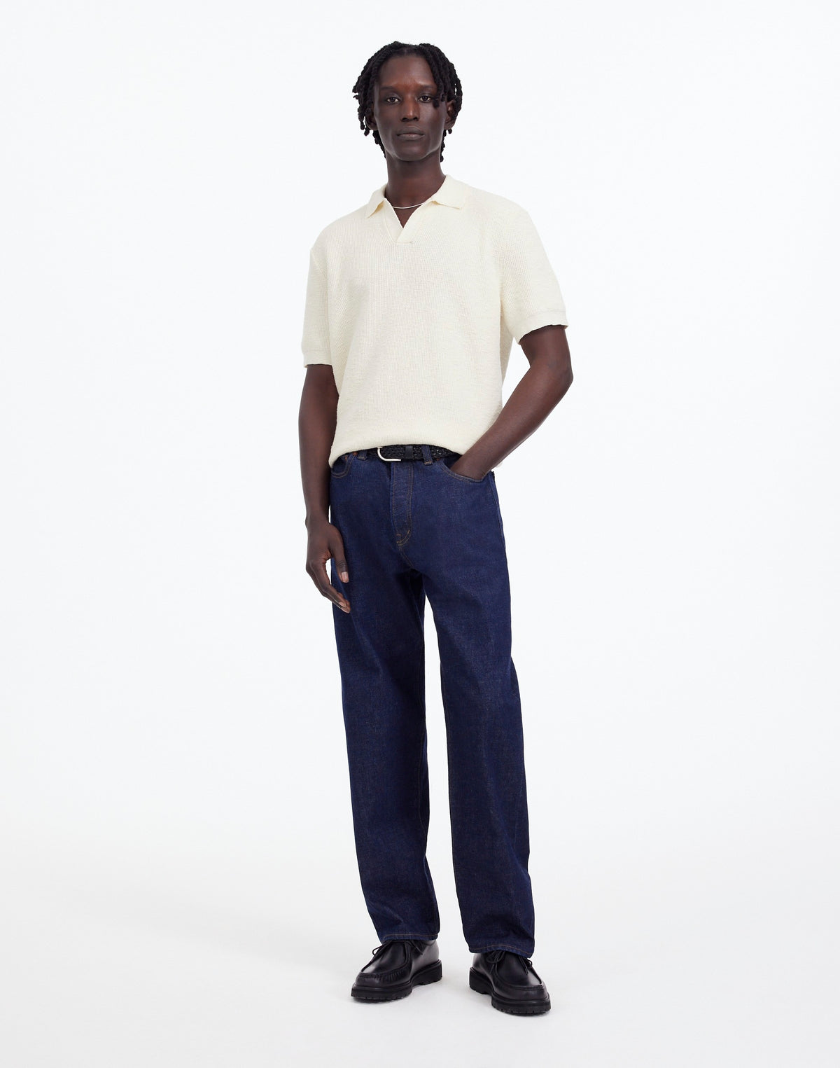 Waffle-Knit Johnny-Collar Sweater Polo