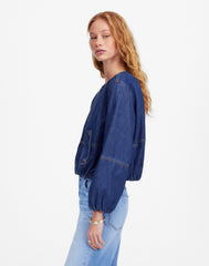 Bubble-Sleeve Jean Bomber Jacket in Newkirk Wash: Airy Denim Edition