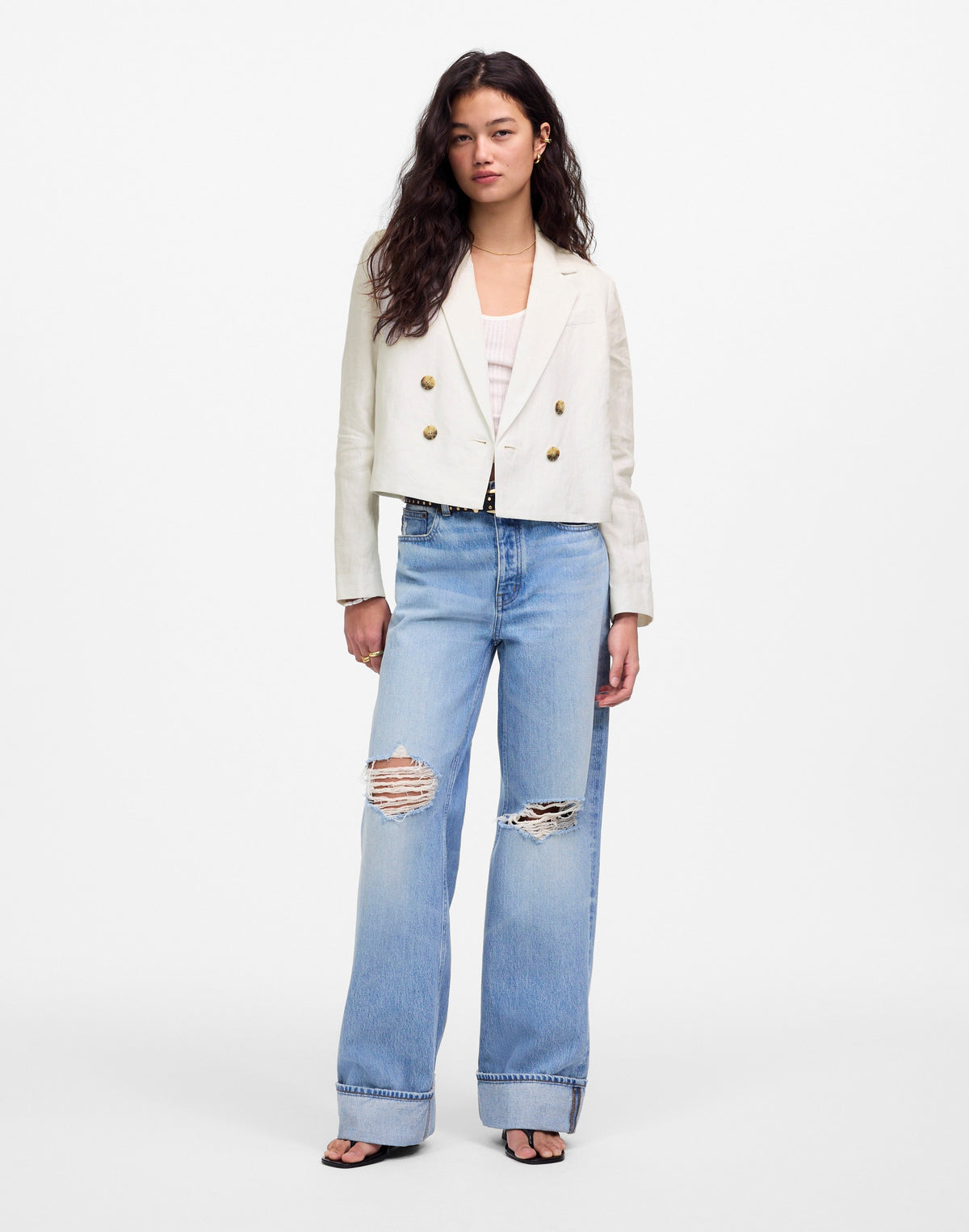 Double-Breasted Crop Blazer in 100% Linen