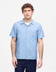 Chambray Short-Sleeve Button-Up Shirt in Cotton Linen Blend