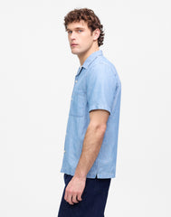 Chambray Short-Sleeve Button-Up Shirt in Cotton Linen Blend