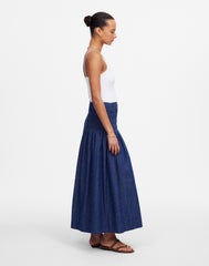 Smocked-Waist Denim Midi Skirt