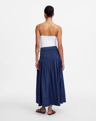 Smocked-Waist Denim Midi Skirt