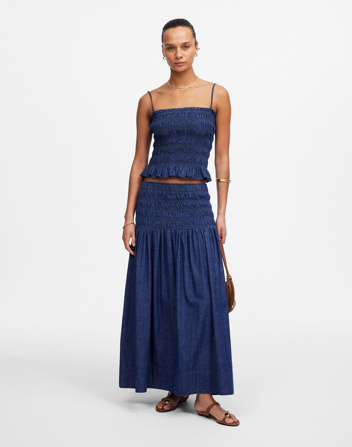 Smocked-Waist Denim Midi Skirt