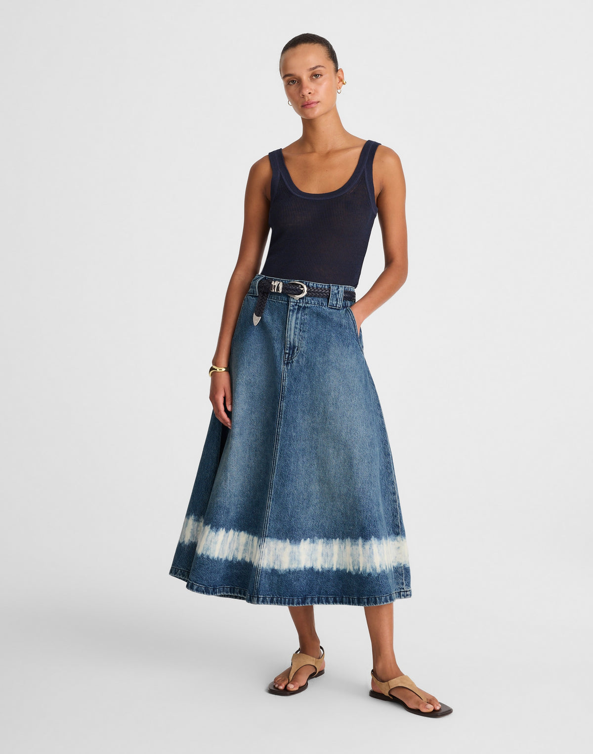 Shibori Denim A-Line Midi Skirt