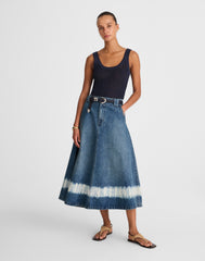 Shibori Denim A-Line Midi Skirt