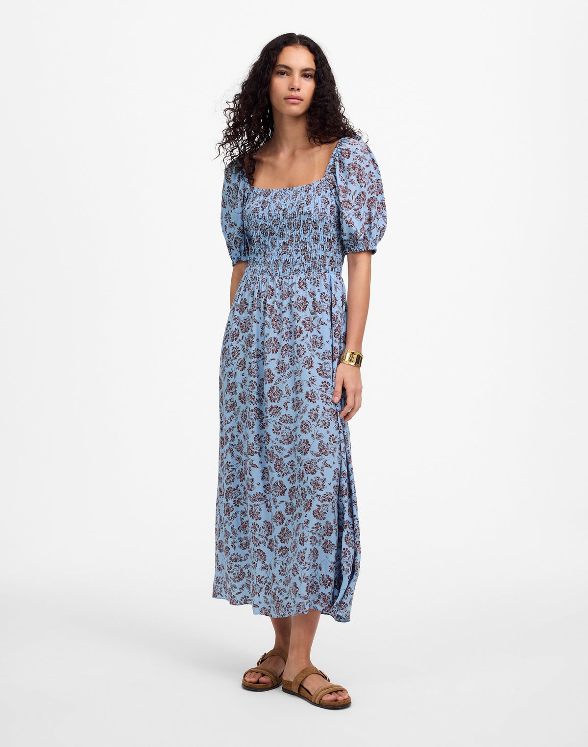 Smocked Puff-Sleeve Dress in Floral