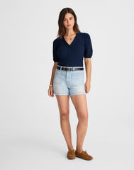 Puff-Sleeve Henley Knit Top