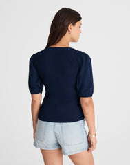 Puff-Sleeve Henley Knit Top