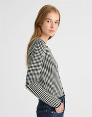 Houndstooth Crewneck Cardigan in 100% Merino Wool