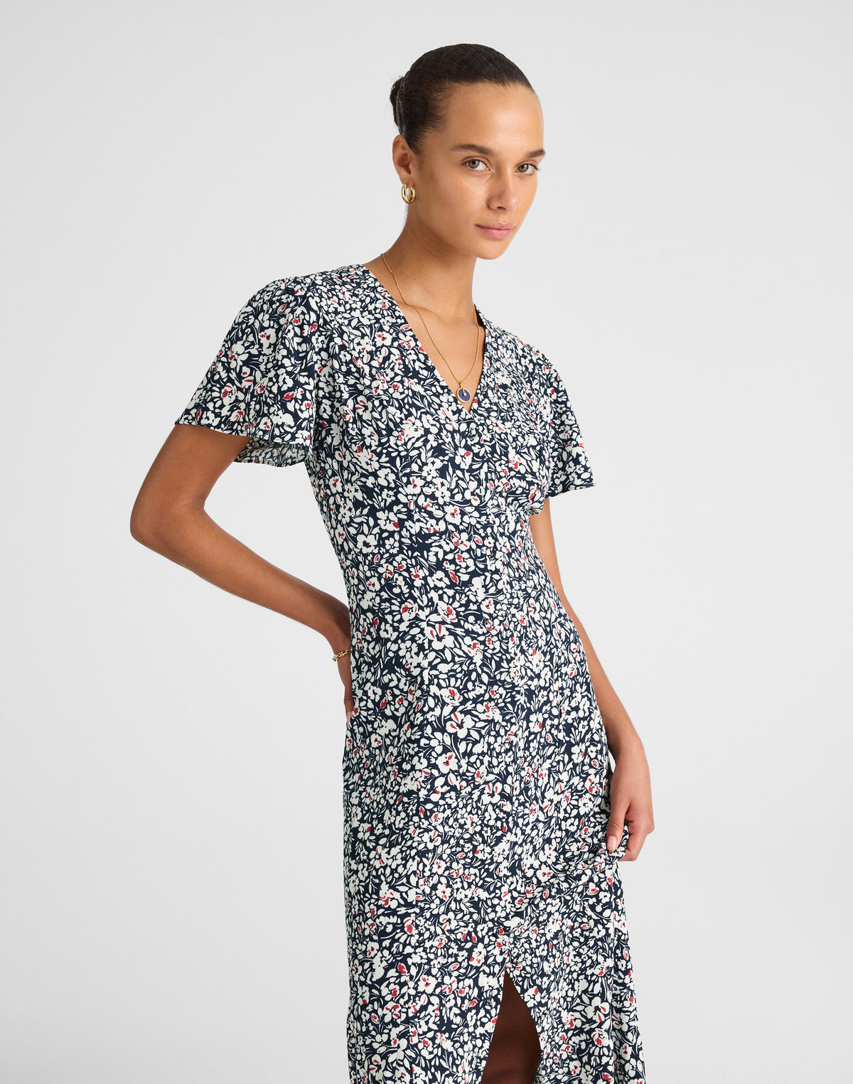 Button-Front Flutter-Sleeve Midi Dress in Floral