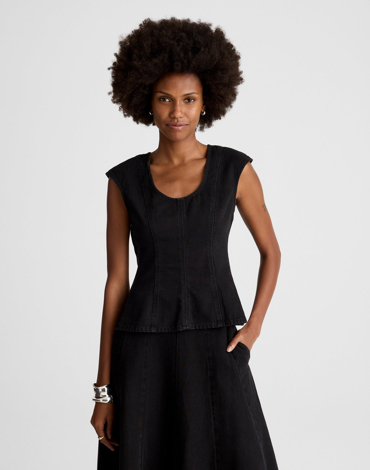 Airy Denim Seamed Scoopneck Top