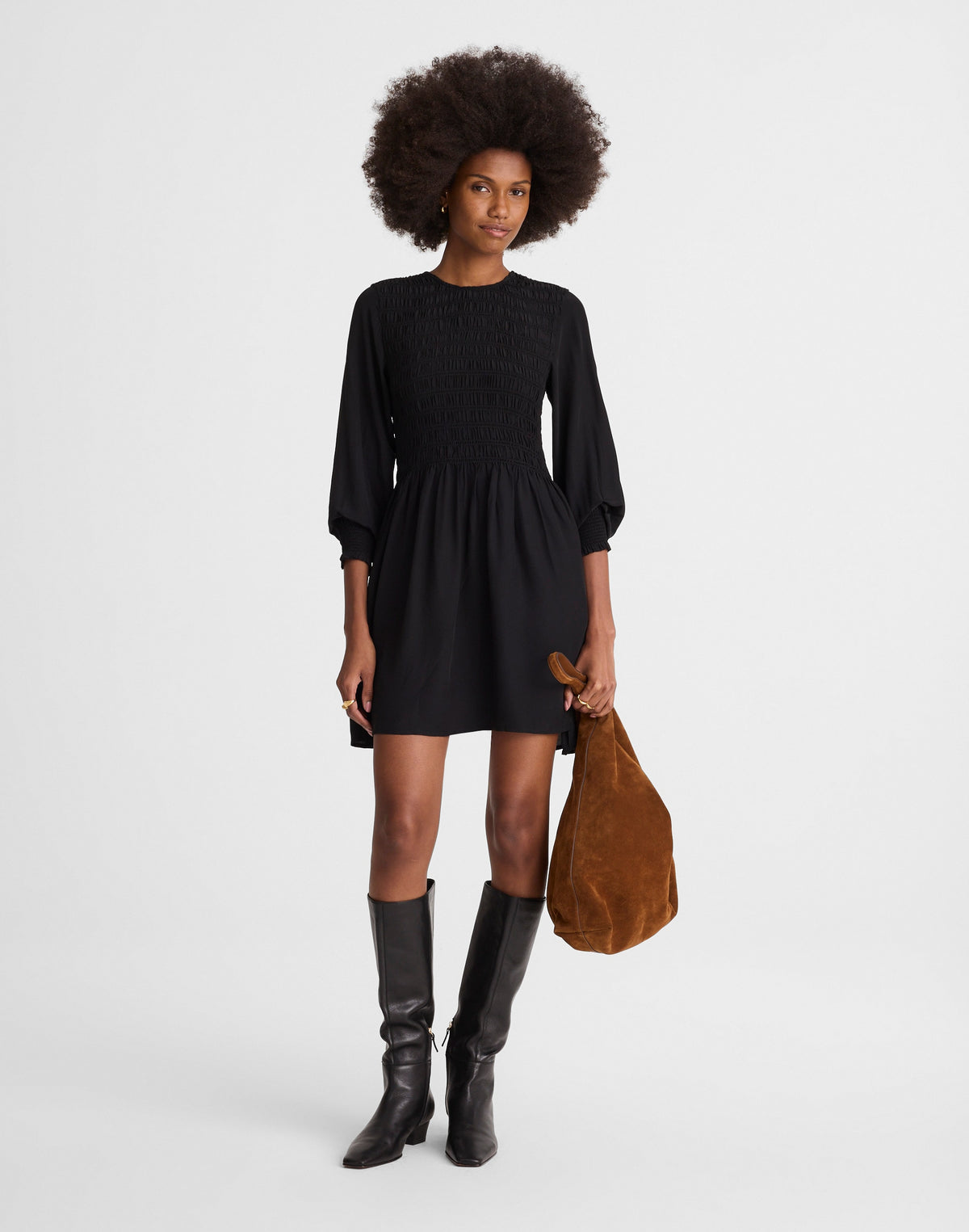 Long-Sleeve Smocked Mini Dress