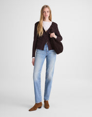 Waffle-Knit Cutaway Crewneck Cardigan