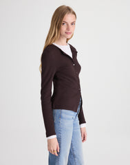 Waffle-Knit Cutaway Crewneck Cardigan