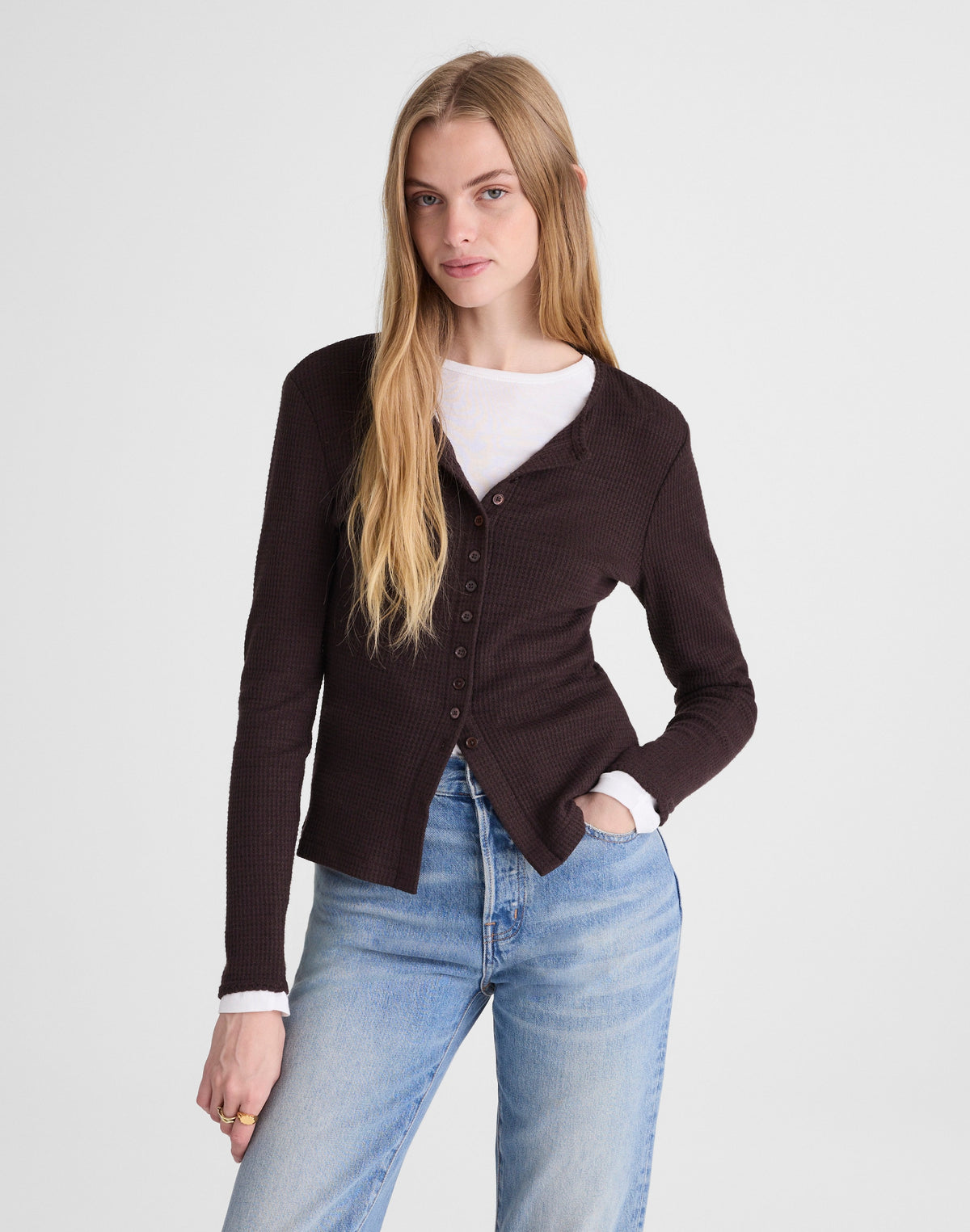 Waffle-Knit Cutaway Crewneck Cardigan
