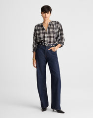Shirred Crewneck Button-Up Top in Plaid