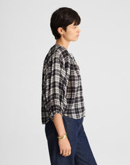 Shirred Crewneck Button-Up Top in Plaid