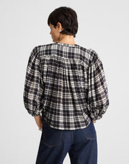 Shirred Crewneck Button-Up Top in Plaid