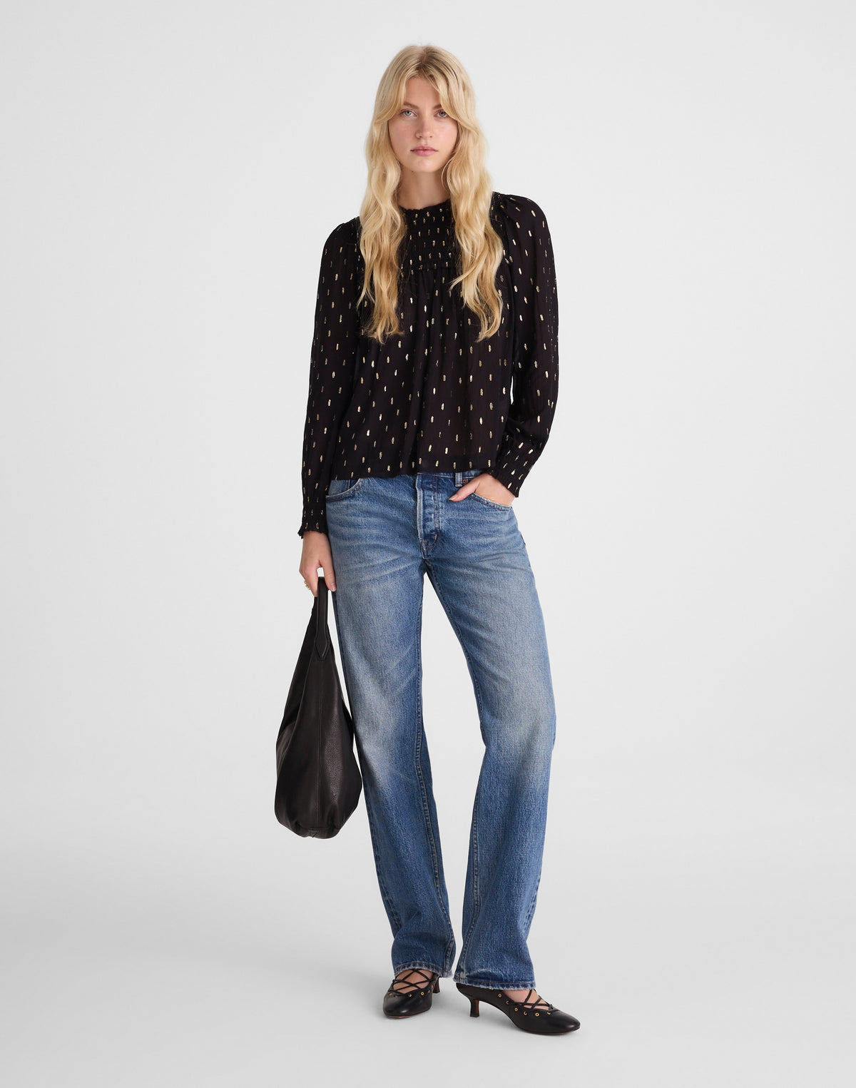Smocked High-Neck Long-Sleeve Top in Clip Dot