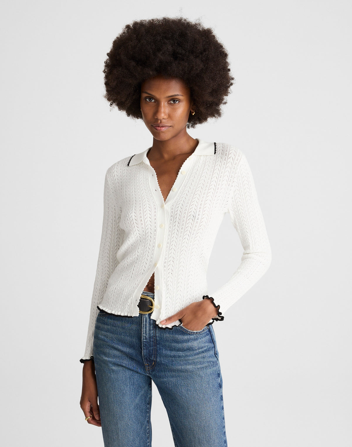 Ruffle-Trim Pointelle Cardigan