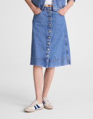 Denim Button-Front A-Line Midi Skirt