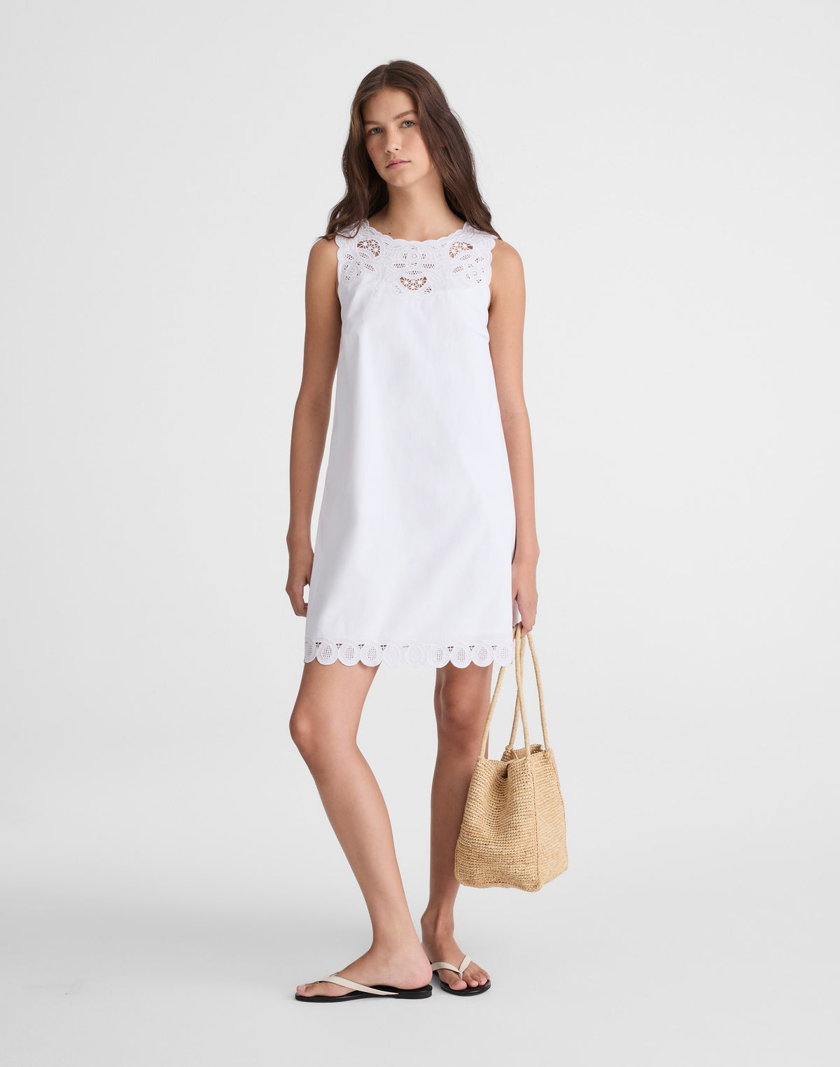 Embroidered Mini Shift Dress in Poplin