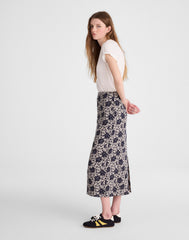 Pull-On Midi Skirt in Floral-Print Linen