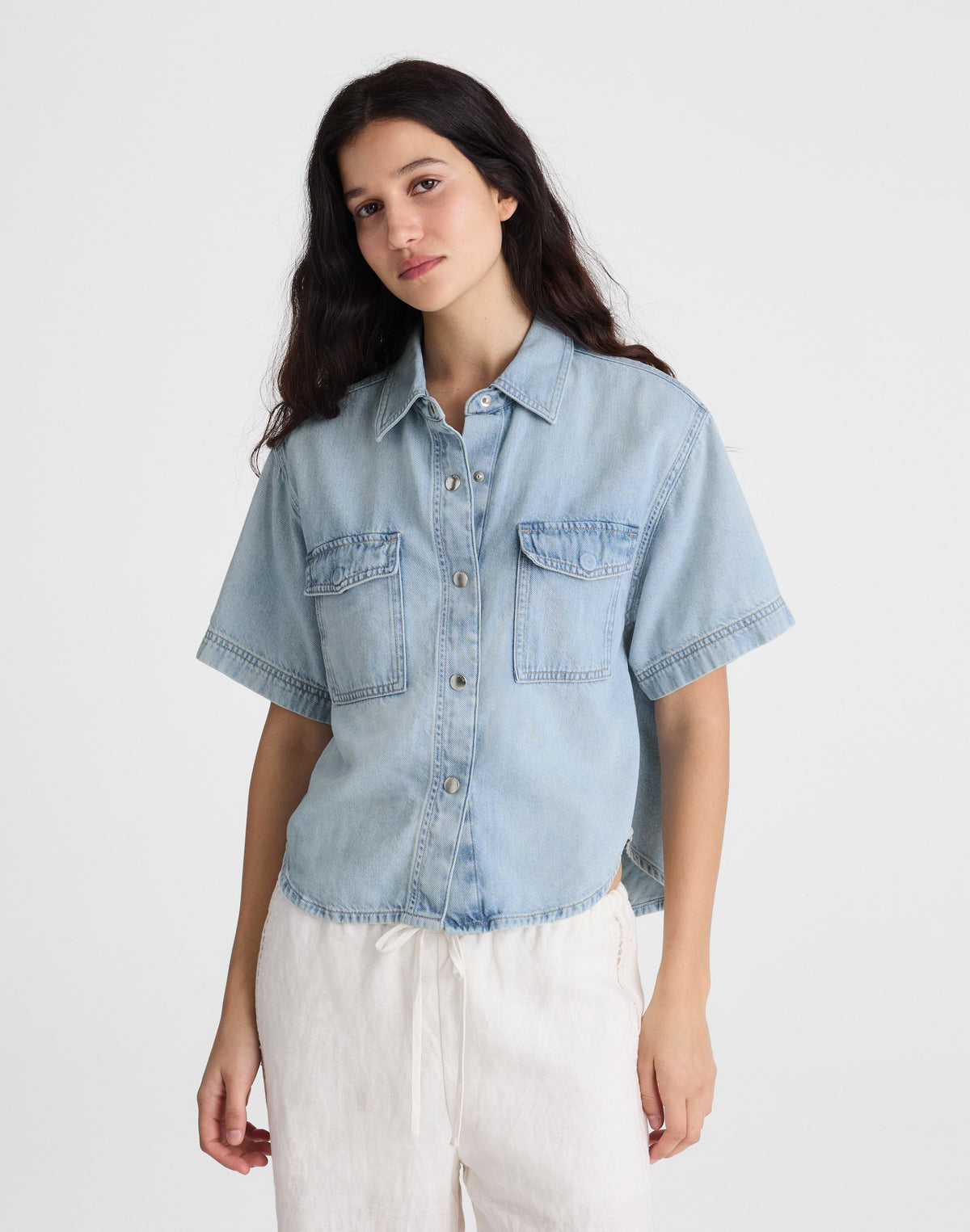 Airy Denim Utility-Pocket Shirt