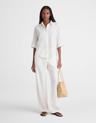 Relaxed Pleat-Sleeve Button-Up Shirt in Cotton-Linen Blend