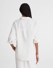 Relaxed Pleat-Sleeve Button-Up Shirt in Cotton-Linen Blend