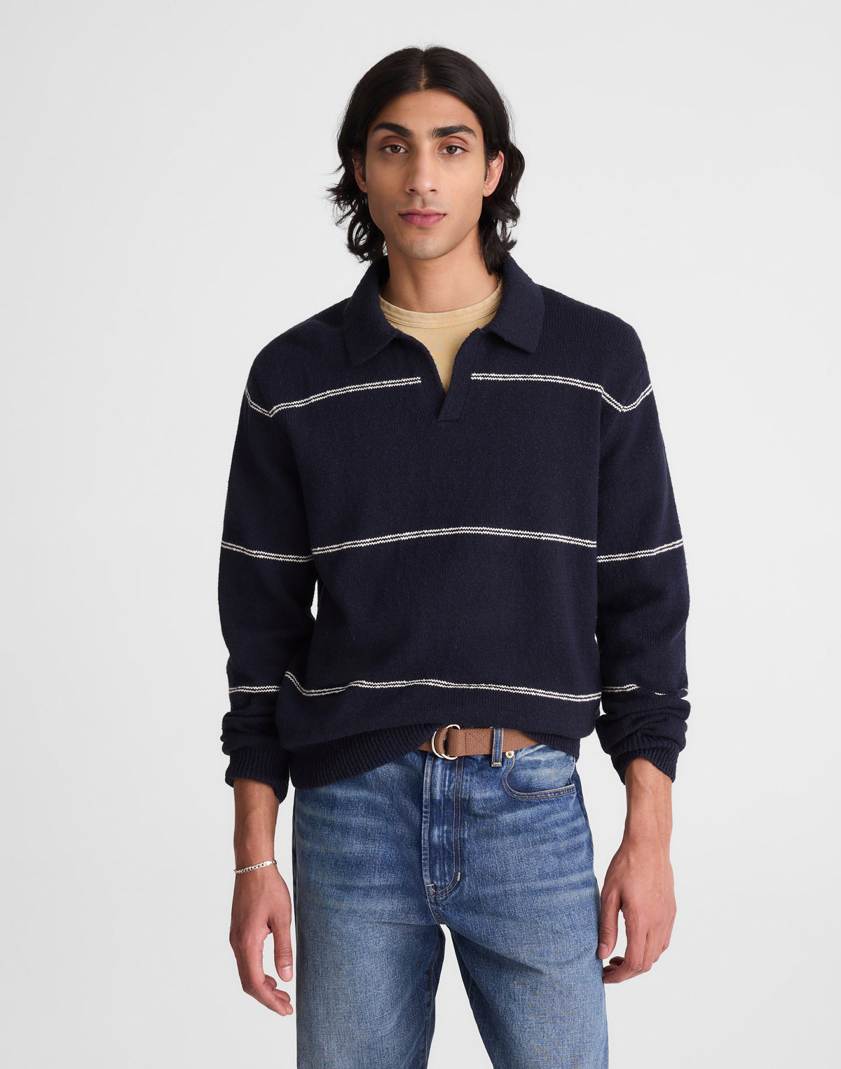 Johnny-Collar Sweater Polo in Textured Cotton